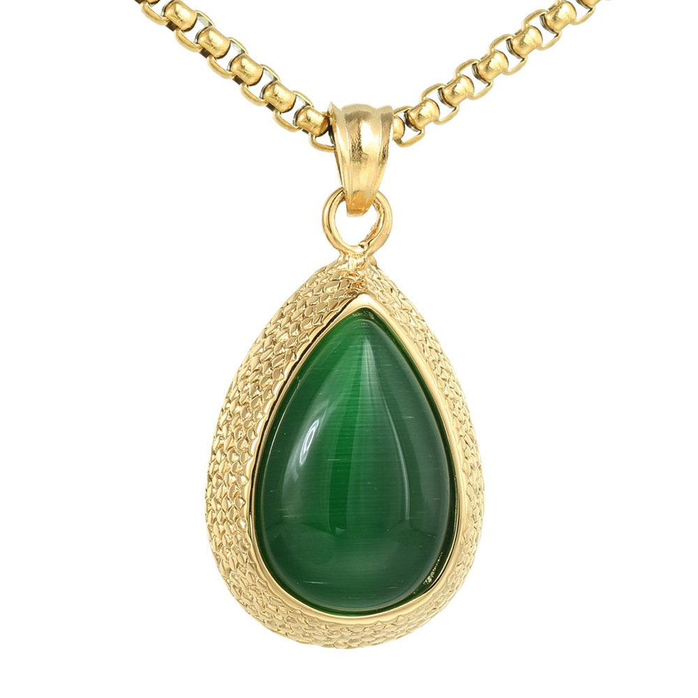 Classic Stainless Steel Cat Eye Stone Waterdrop Pendant Necklace Sweater Chain
