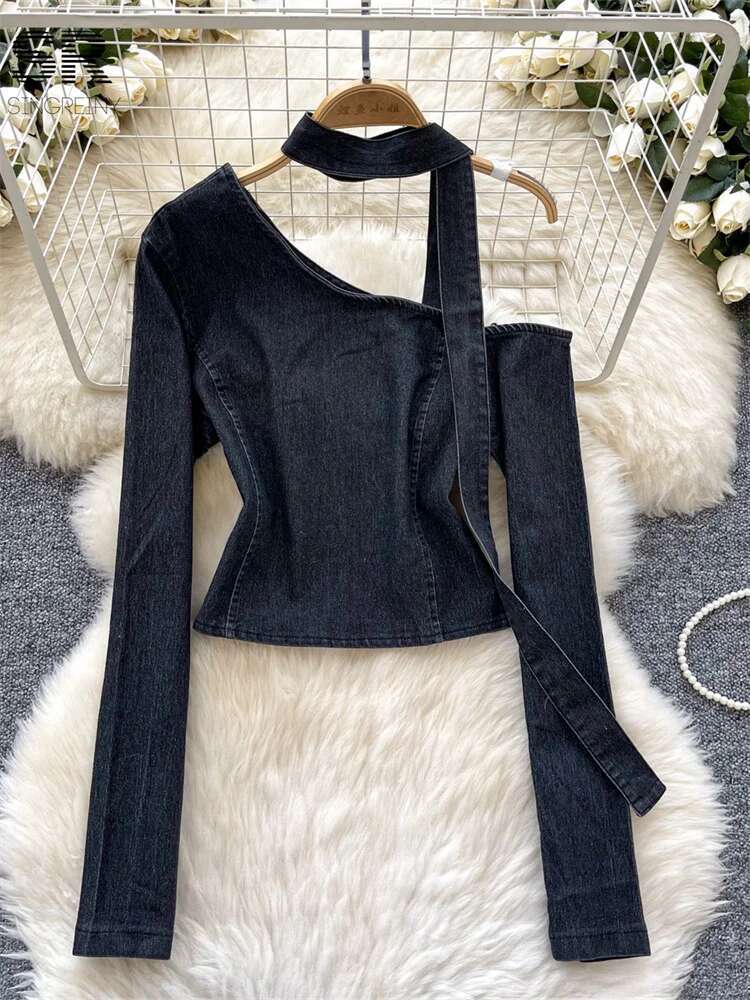 hoodie Hotsweet Denim Blouses Women Long Sleeves Skew Collar Newest Irregular Design Fashion Zipper Autumn Basics Tops jacket