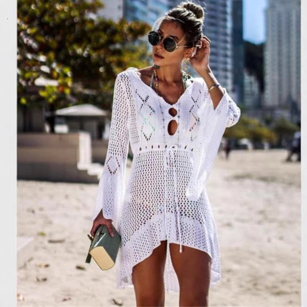 New Hollow Out Knitted Skirt With Flared Sleeves, Beach Jacket, Sexy Bikini Cover Up, Sun Protection Suit, Swimsuit, Outerwear