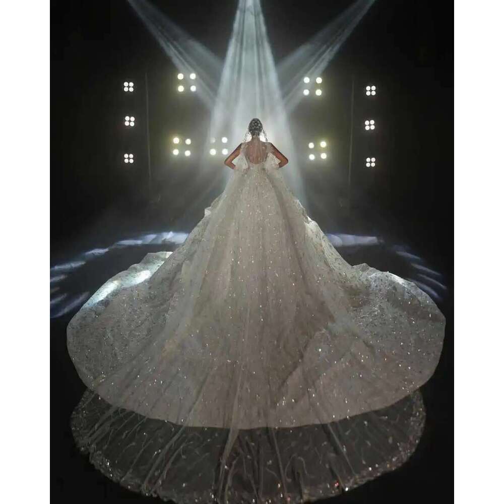 Sexy spaghetti strap dress graceful sleeveless sequins lace custom glitter wedding dresses robe de