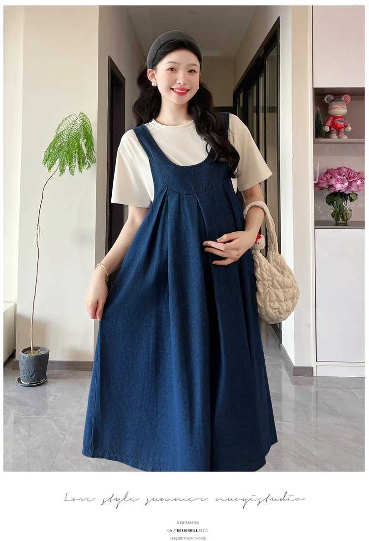 Spring and Autumn New Fashionable Pregnant Womens Denim Strap Dress Floral Embroidery Button Fly Maternity Sundress Loose DressT250311