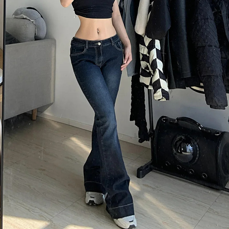 Y2K Tie Dye Flare Jeans Vintage Strecthy Low Waisted Pants Women Grunge Basic Korean Mom Jeans Casual Streetwear 90s 250306