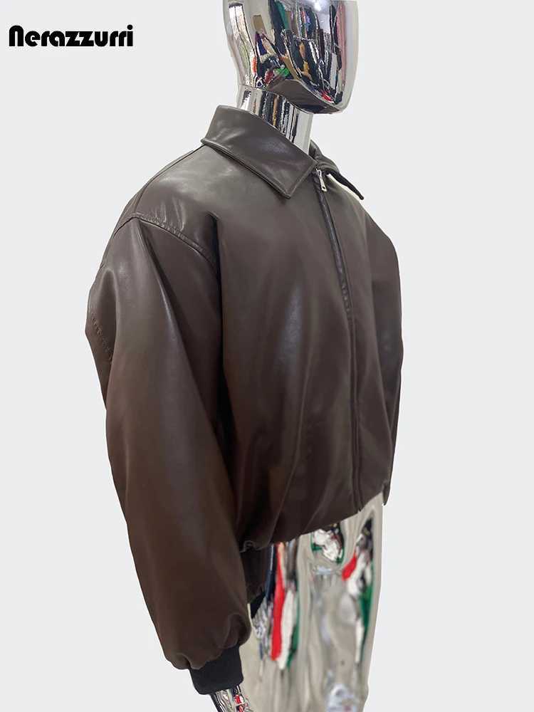 Nerazzurri Spring Autumn Cool Short Oversized Warm Brown Pu Leather Jacket Men Zipper Loose Casual Korean Fashion Clothes 2024T250311