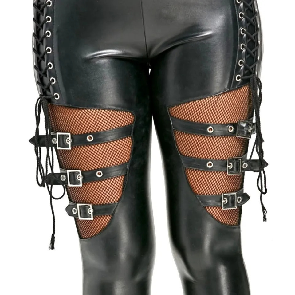 Womens pants PU leather ultrathin club pants gothic punk pants fishnet decorative pants pencil pants 250305
