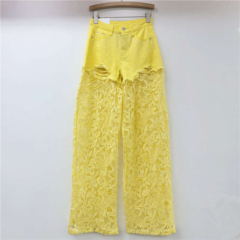 Pink Lace Splicing Heavy-Duty Hot Stamping Wide For Women 2024, With High Waist Slimming Effect, And A High-End Straight Leg Casual Pants