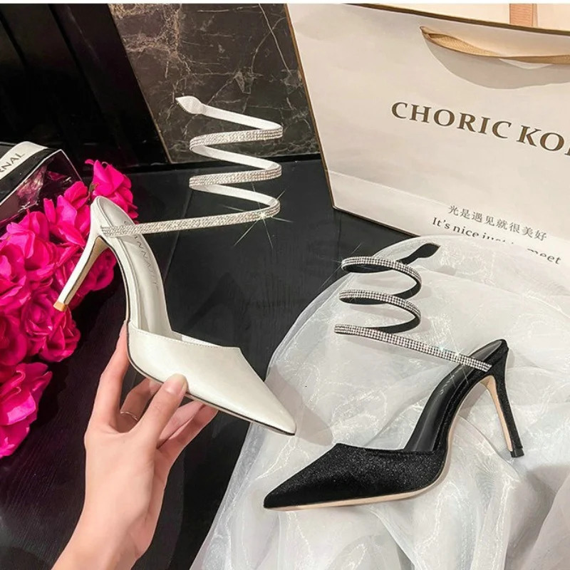 Roman Sexy Pointy Thin Heel Back Empty Single Shoe Rhinestone Snake Wrapped High Heels Wedding Shoes 250310