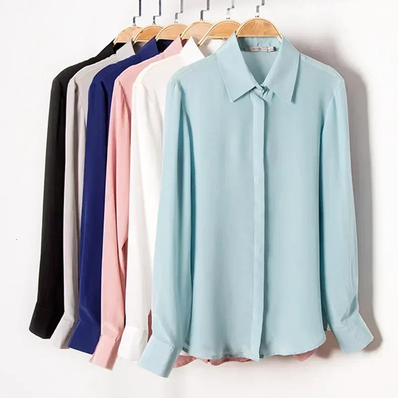 Spring Womens Silk Shirt Long Sleeve 100% Mulberry Blouse 16 MM Whitecollar OL Style Shirts For Women 250311