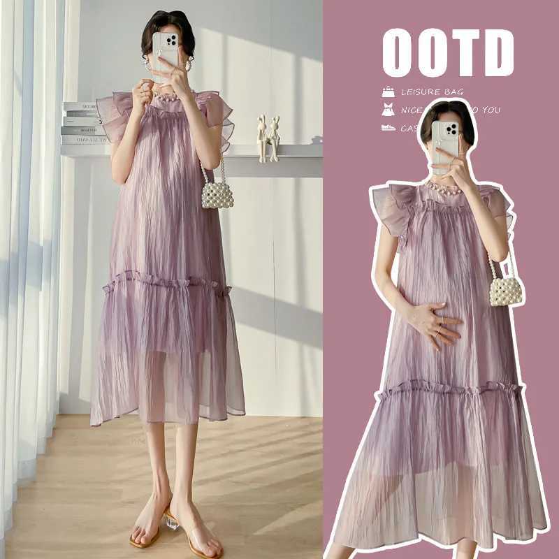 Maternity Clothes Silk Pleated Long Dress Skirt Summer Loose Casual Pregnant Women Short Sleeve Dress Vestido Pregnancy ClothingT250311