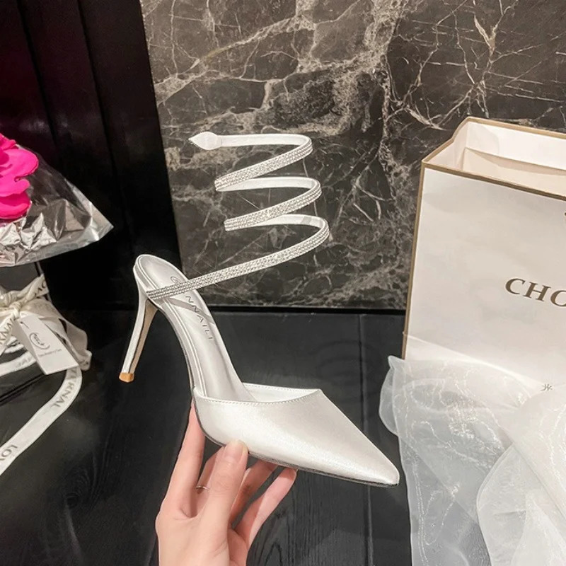 Roman Sexy Pointy Thin Heel Back Empty Single Shoe Rhinestone Snake Wrapped High Heels Wedding Shoes 250310