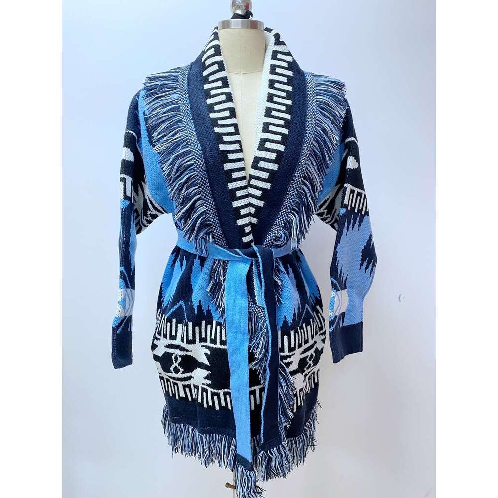 Bohemian Fringe Cardigan In Autumn And Winter, Niche Geometric Pattern, Contrasting Color Jacquard Knitted Jacket For Women
