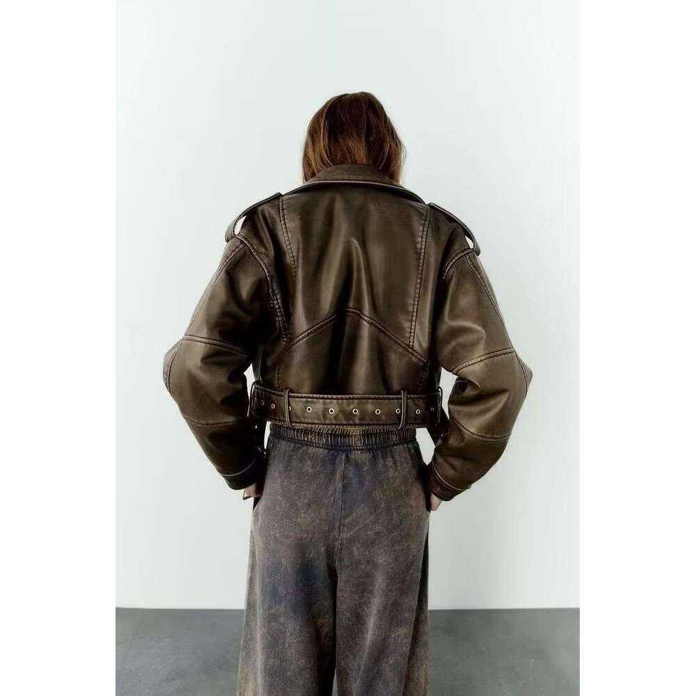 2023 Early Spring New Style Short Sleeved Lapel PU Washed Gradient Leather Versatile Jacket For Women