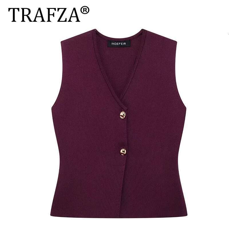 TRAFZA Women 2 Piece Set Chic V-Neck Sleeveless Button Knitted Vest Top+Splicing High Waist Side Zipper Ankle-Length Skirt TRAF