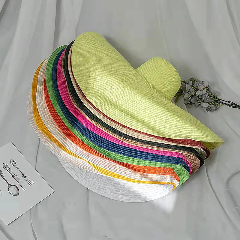 70CM Summer Large Wide Brim Foldable Sun Hats For Women Oversized Sun Shade Hat Travel Straw Hat Lady UV Protection Beach Hat 250311