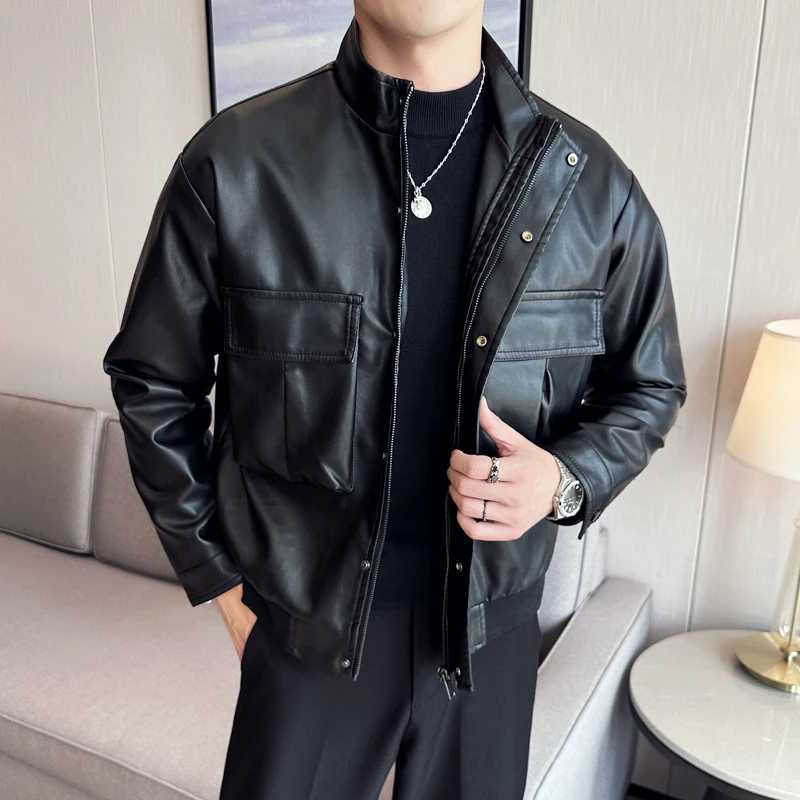 Spring Autumn Stand Collar Black Pu Leather Jackets Men Fashion Motorcycle Biker Coats Male Casual Moto leather Outerwear CoatsT250311