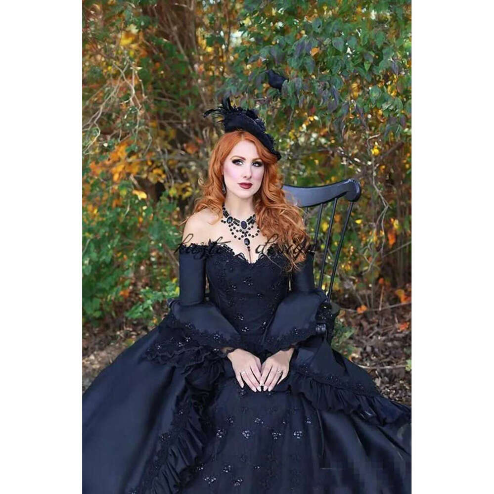 Victorian Brocade Gothic Black Wedding Dresses Classical Bridal Gowns Long Sleeves Bride Robe De Marrige Women Special Ocn Vestidos