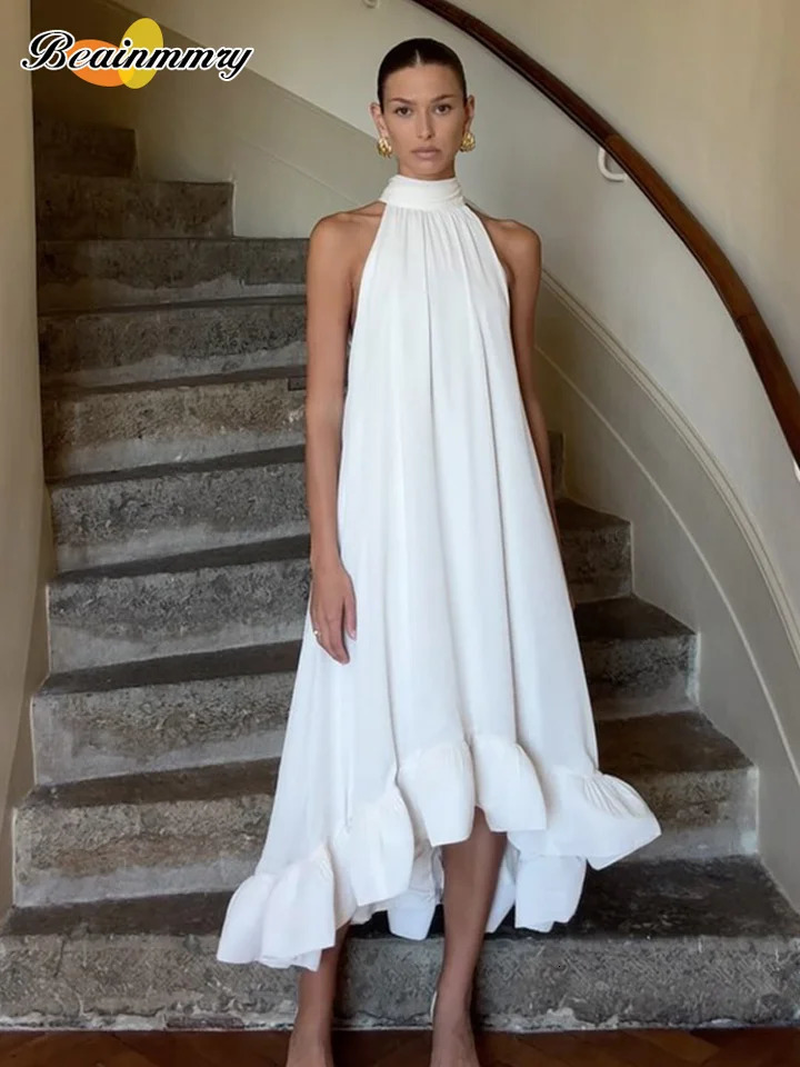 Summer Lady Sexy Open Back Halter Dress For Women Elegant White Off Shoulder Loose Aline Dresses Highstreet Party Robe 250311