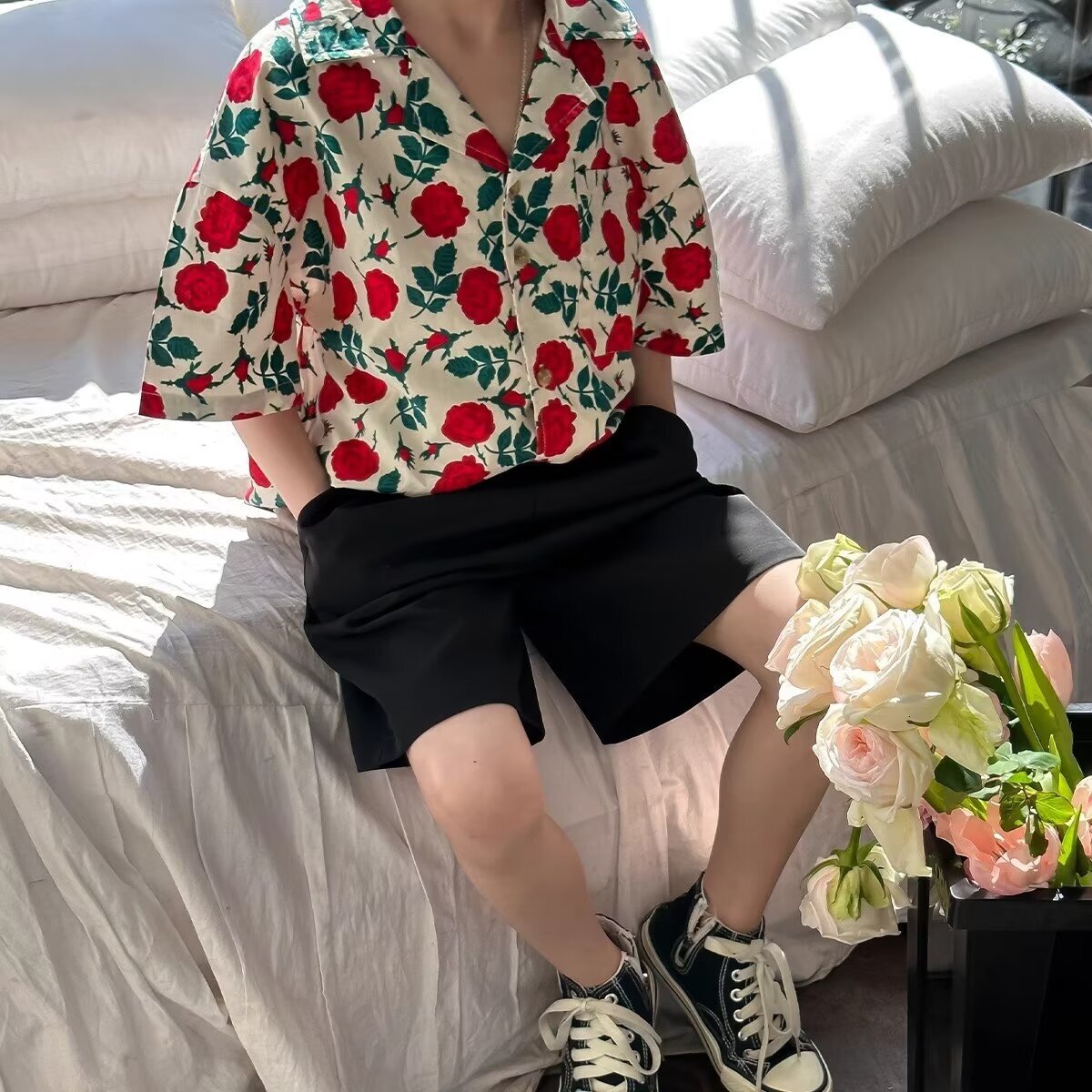 Ddmyshoesvip Hawaiian Flower Boys Summer Brand Top Short Sleeve Shirt Design Sense High End Coat Trendy