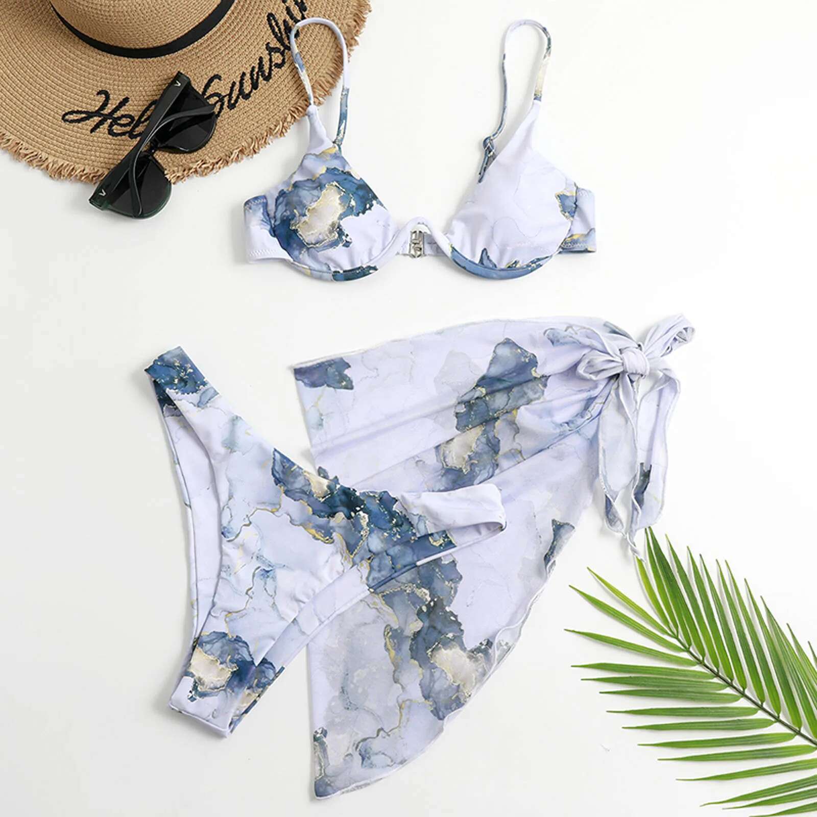 Swimsuits High Waisted Split Women's Three Piece Swimsuit Bikini Tie Dye Printed Sexy Tie Chiffon Swimwears
