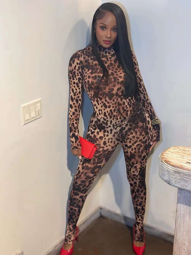 Weird Puss Zip Fit Jumpsuit Women 2025 Spring Y2k Leopard Print Full Sleeve Hipster Midnight Stretch Streetwear Workout Overalls