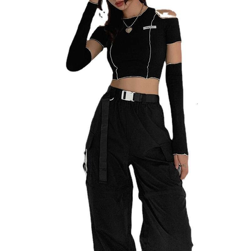 European American style women's 2020 autumn and winter label slim fit round neck off shoulder short T-shirt for women 2025 new casual fashion tre