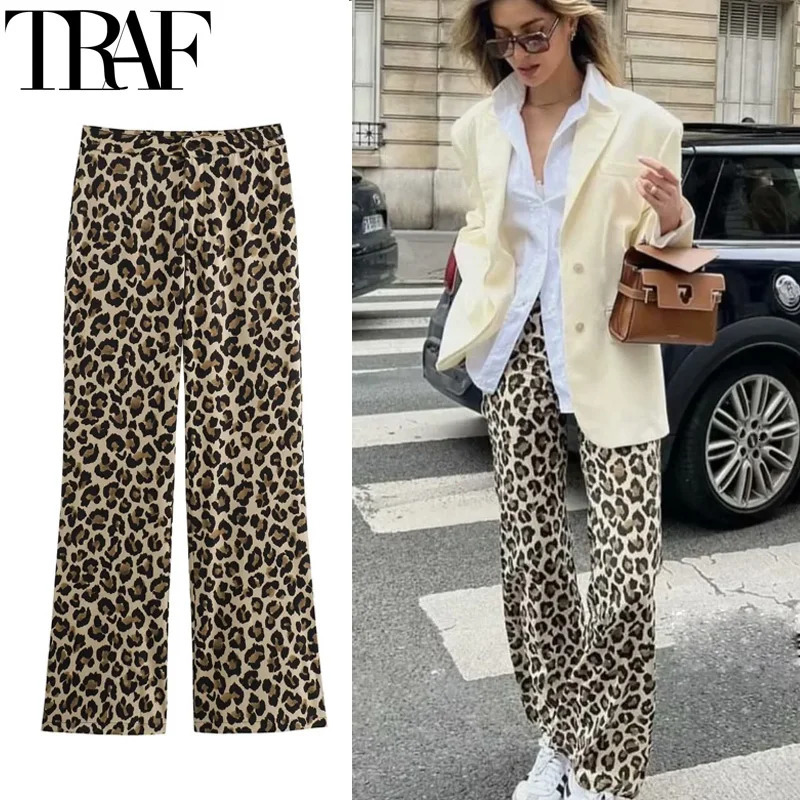 TRAF Womens Trousers Leopard Print Pants For Women Vintage High Waist Baggy Wide Woman Streetwear Straight Long 250310