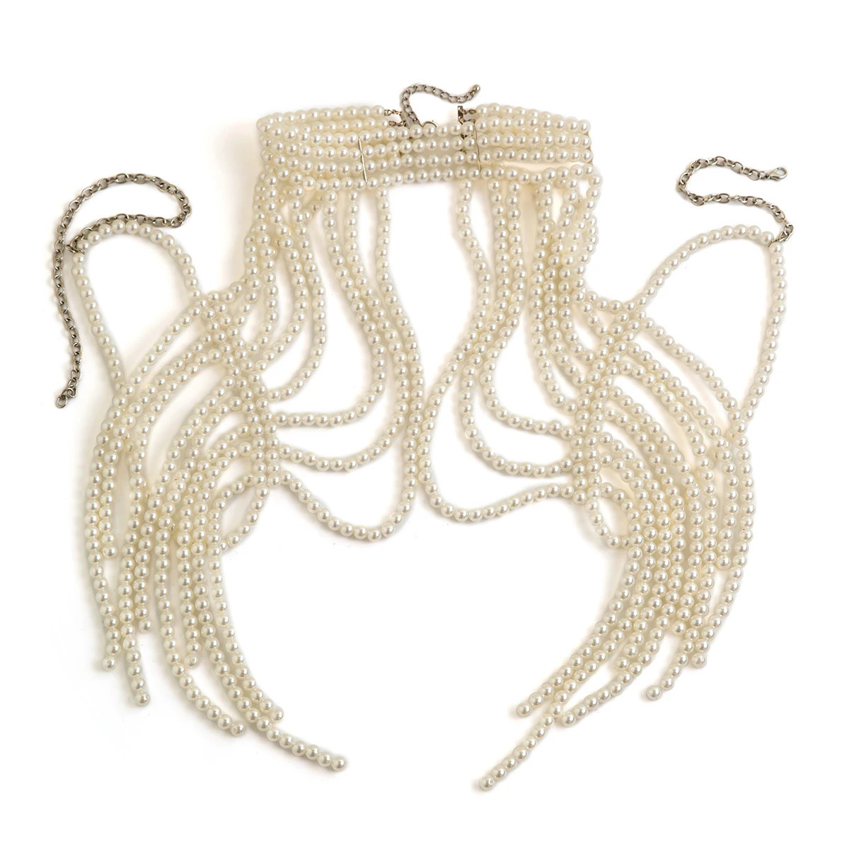 Ingemark Elegant Multilayer Imitation Pearl Shoulder Chain Necklace for Women Wed Bride Goth Tassel Neck Rave Party Body Jewelry 250303