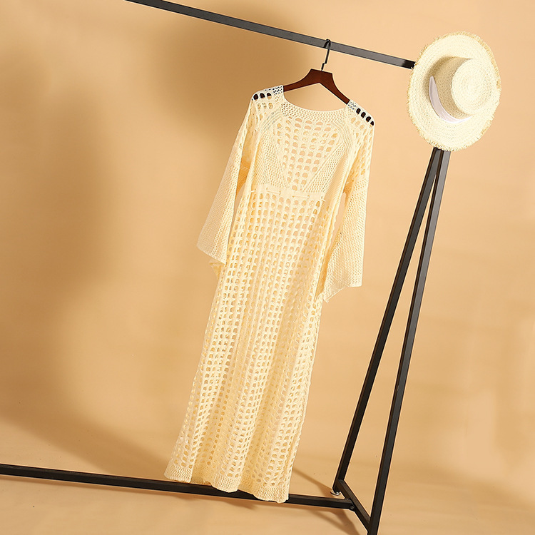 Sexy Hollowed Out Knitted Beach Sleeved Slit Vacation Long Skirt, Swimsuit, Outer Cover, Sun Protection Suit