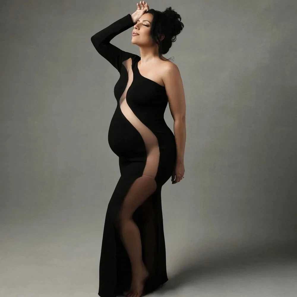 Stretch Maternity Photoshoot Dress Sexy Black One Shoulder Evening Gowns Elegant Long Sleeve Pregnant Women Photography Outfit X250224