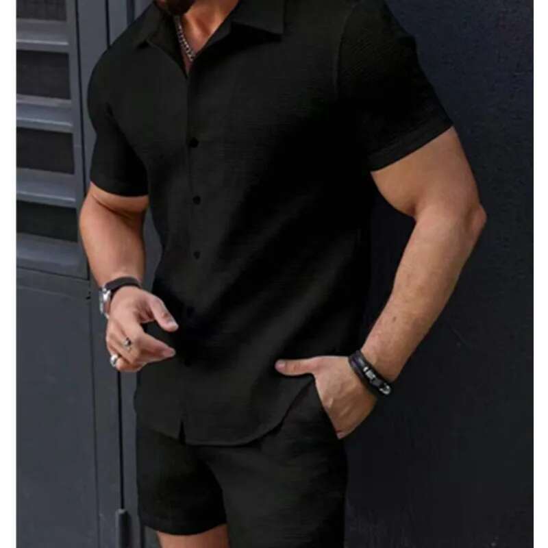 Spring2025/Summer Solid Color Corduroy Sleeve Shirt And Shorts Stretch Beach Casual Suit