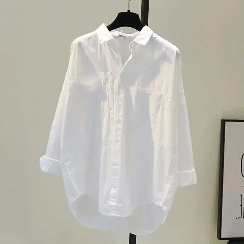 Long Sleeve White Women Shirt Spring Casual Loose Office Blouse Lady Tops Button Simple Woman Clothes Blouses 12616 250310