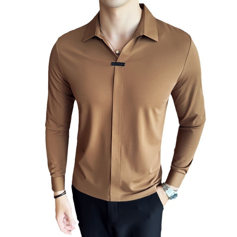Seamless long sleeved polo for business and casual trend, V-neck shirt collar, khaki T-shirt, high-end men's clothing tracksuit