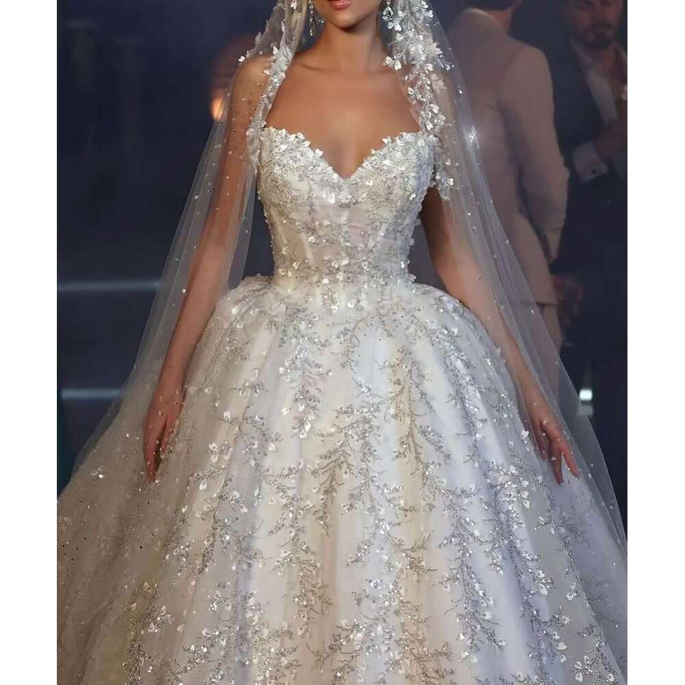 Vintage Sleeveless Ball Gown Wedding Cute Sweetheart Sequins Lace Dresses Glitter Applique Bridal Robe
