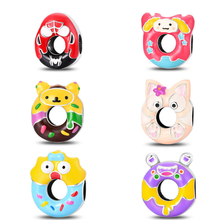 925 Sterling Silver Cartoon Linked Doughnut Series Charms with Enamel Pink Sweet beads DIY bracelet necklace beads new style for women jewelry gift