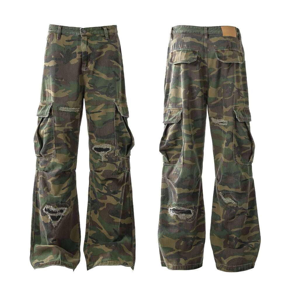 Jiayiku Trendy Brand 2025 New High Street American Style Piercing Personality Vibe Camouflage Work Clothes Casual Pants Micro Pull