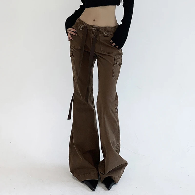 Rockmore Brown Low Rise Flare Jeans Suitable for Womens Street Clothing Y2K Aesthetic Product Retro Denim Trouser Grunge Fairycore 250311