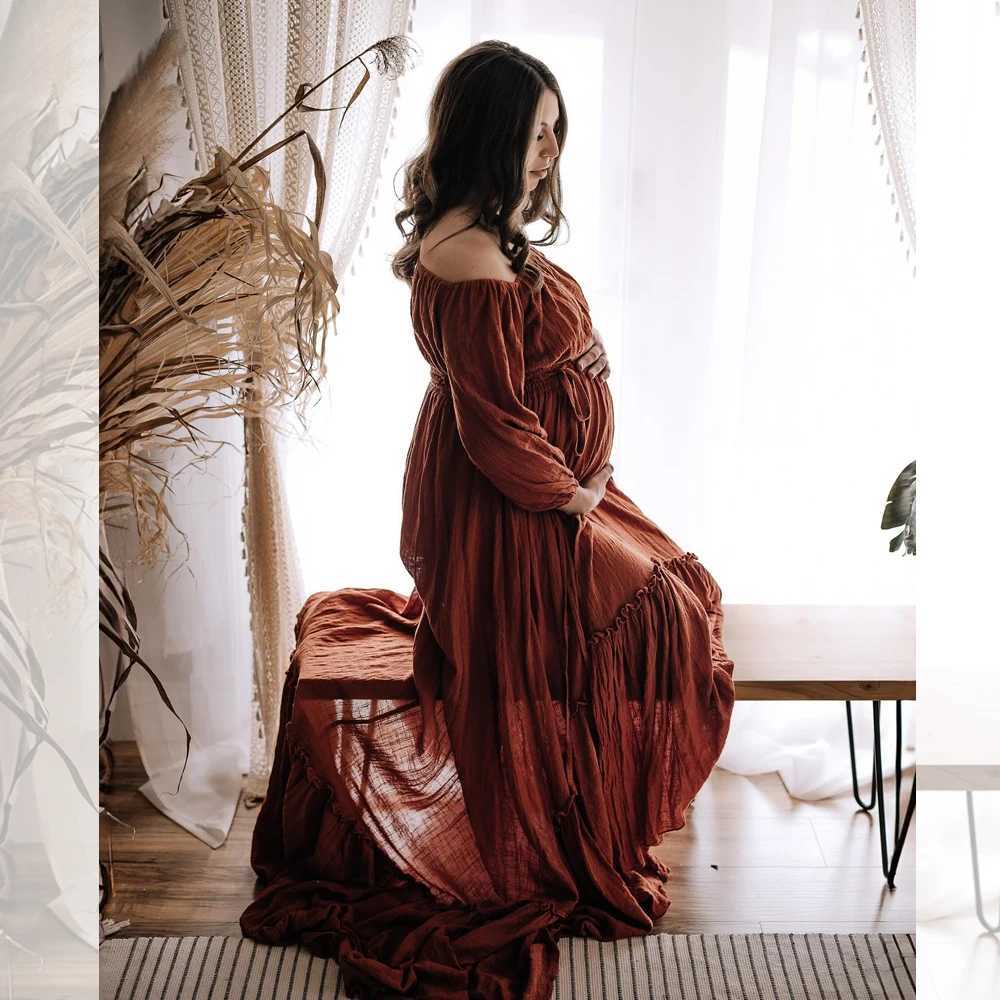 Comfortable Linen Cotton Two-Piece Set Long Sleeved Short Top With Lace Up Floor Mop Dress Bohemian Style Maternity Photo Dress X250224