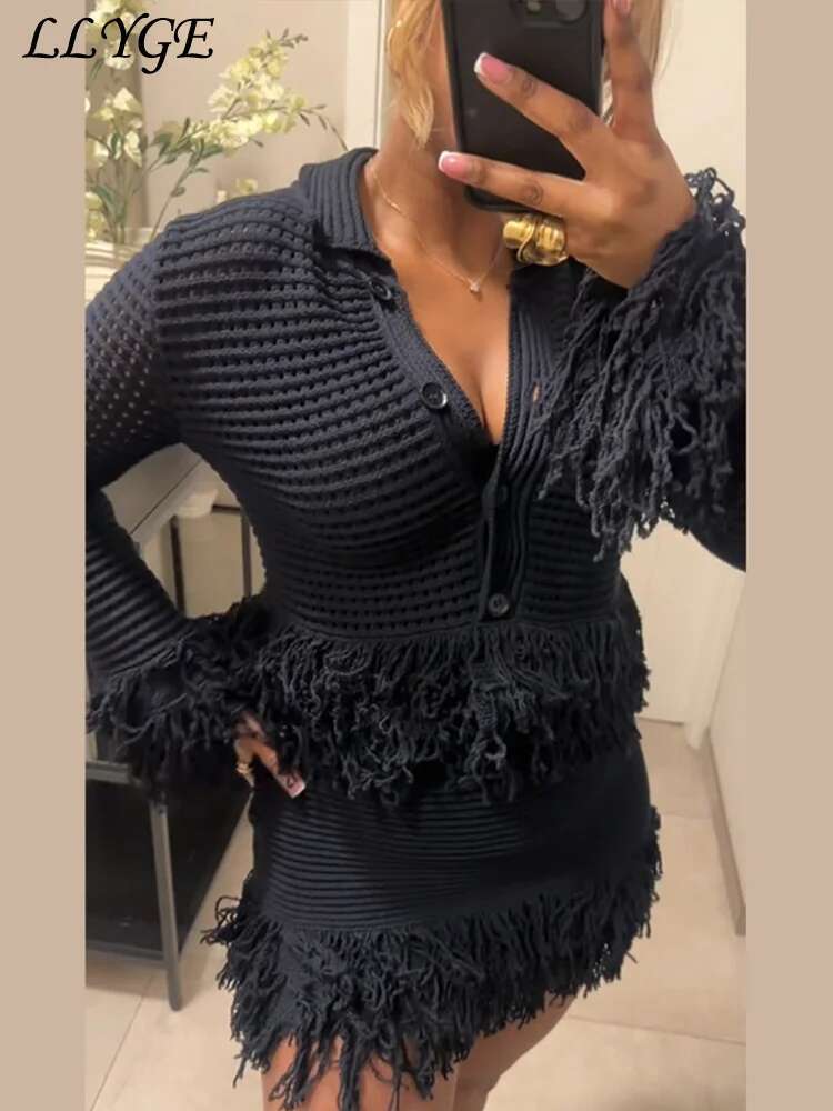 Knit Tassel Cardigans Mini Skirt Set Women Hollow Out Single-Breasted Cardigan Short A-E Skirts 2025 Spring Lady Chic Outfits