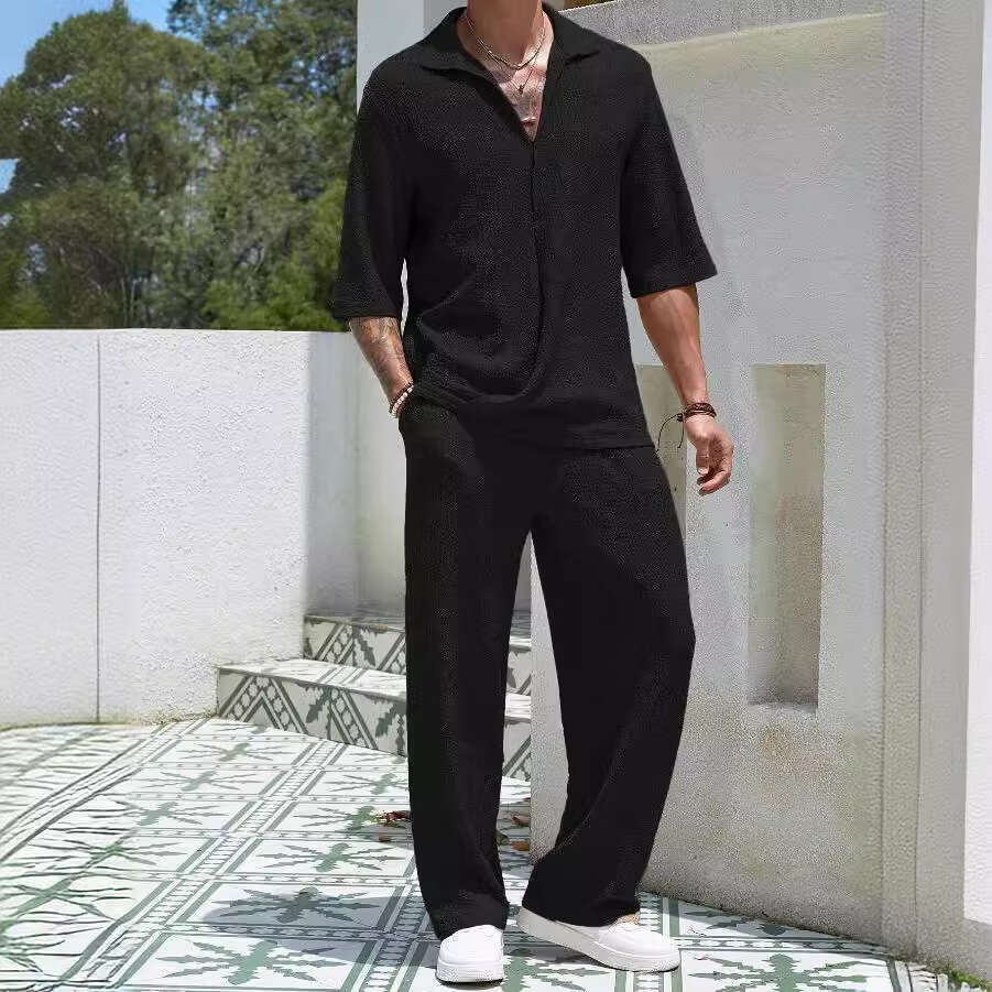 European American commuting shirt solid color short sleeved pants men's two-piece casual suit 2025 new style chic and elegant clothing
