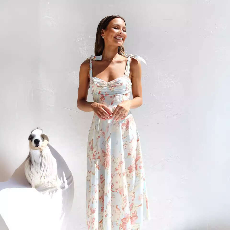 European and American slim fit slimming waist cinched V-neck suspender print medium long dress for women 2025 new style temperament chic elegant cloth