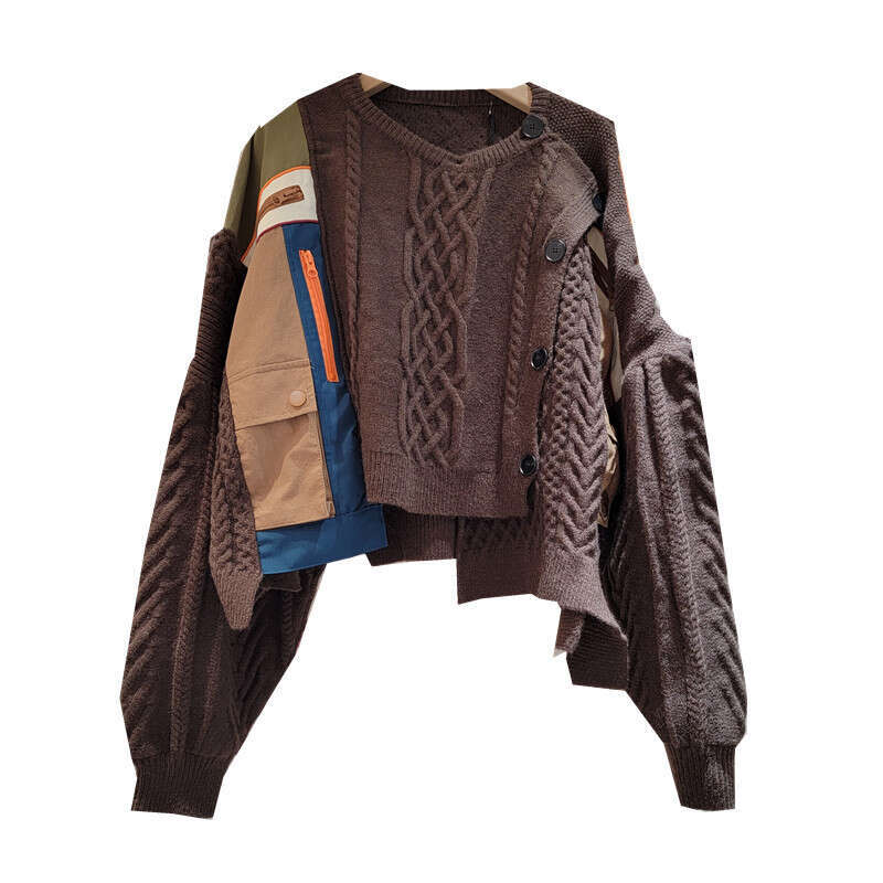2023 Winter New Korean Soft And Lazy Top With A High-End Feel, Super Beautiful Fashion, Versatile Coffee Color Splicing Sweater
