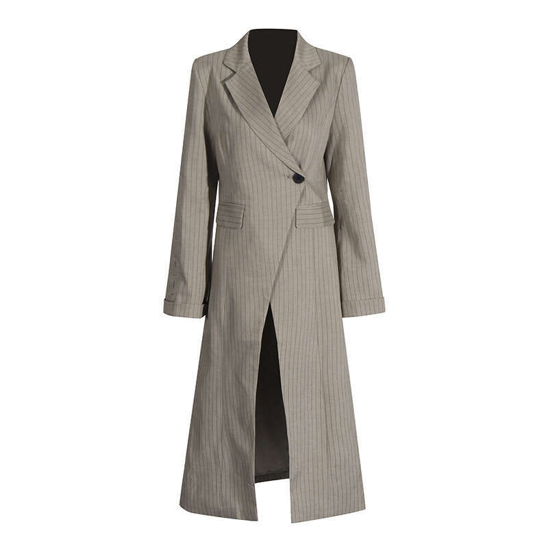 Street Trendy 2025 Spring New Style Suit Collar Sleeve Personalized Stripe Printed Long Windcoat Coat