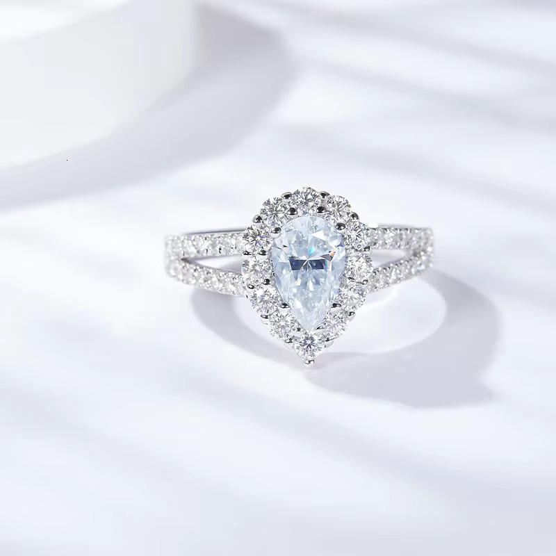 High Quality Full Diamond Moissanite 1ct Ring 18K Gold Plated Double Row halo Pear Cut Moissanite Engagement Ring