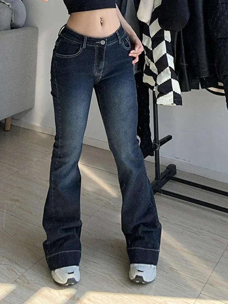 Kalevest Y2K High Street Low Rise Jeans Blue Women Pants Bootcut Pockets Jeans Streetwear Low Waist Jeans Wide Leg Pants 250306