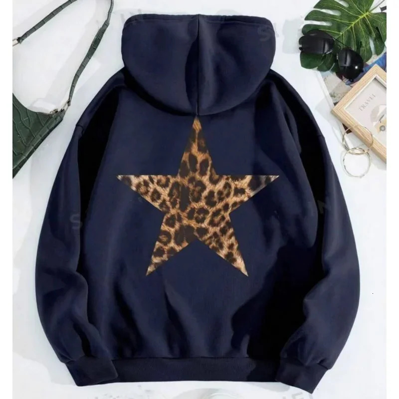 2025 Women Oversized Fleece Hoodies Female Long Sleeve Hooded Sweatshirt with Pentagram Leopard Print Casual Loose Pullover 250311