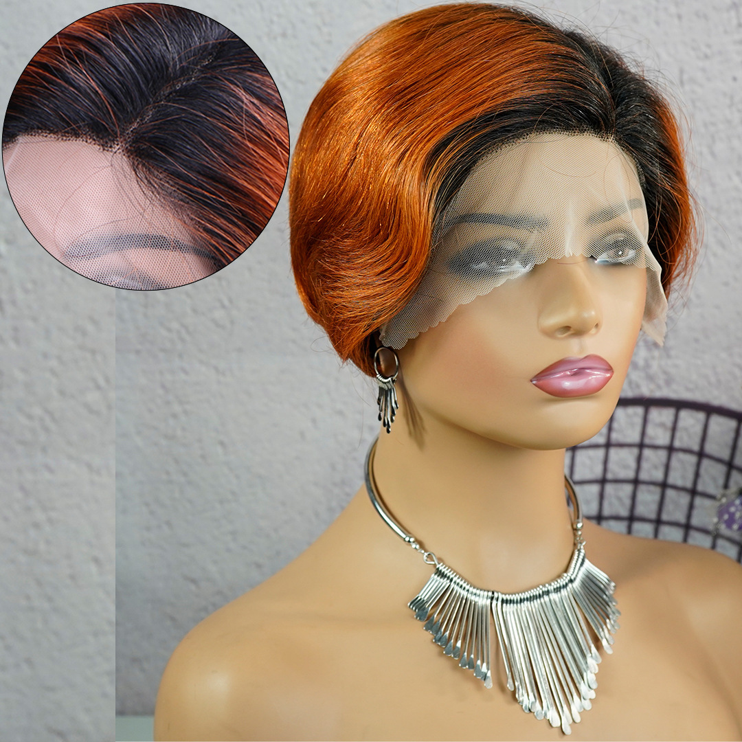 8 Inch Side Part Pixie Cut Wig T Lace Front Real Human Hair Brown to Orange Ombre Perfect for a Trendy and Natural Look