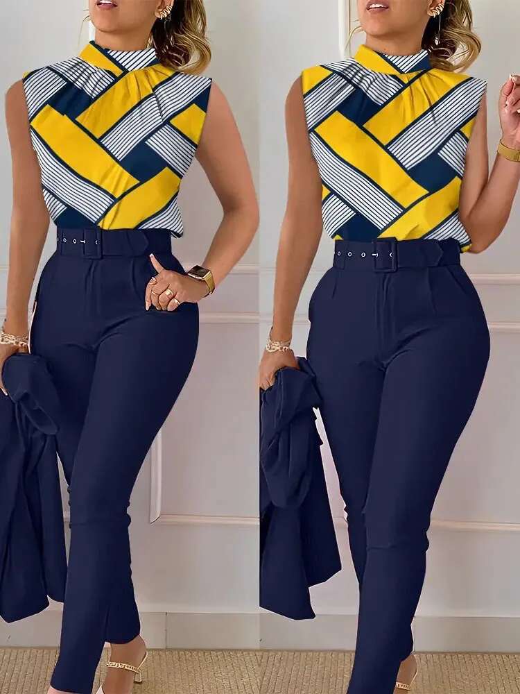 Elegant Women's Two Suits Fashion Printed Sleevelss Top Black Pants With Belt Blouses 2 Piece Set Female Clothing