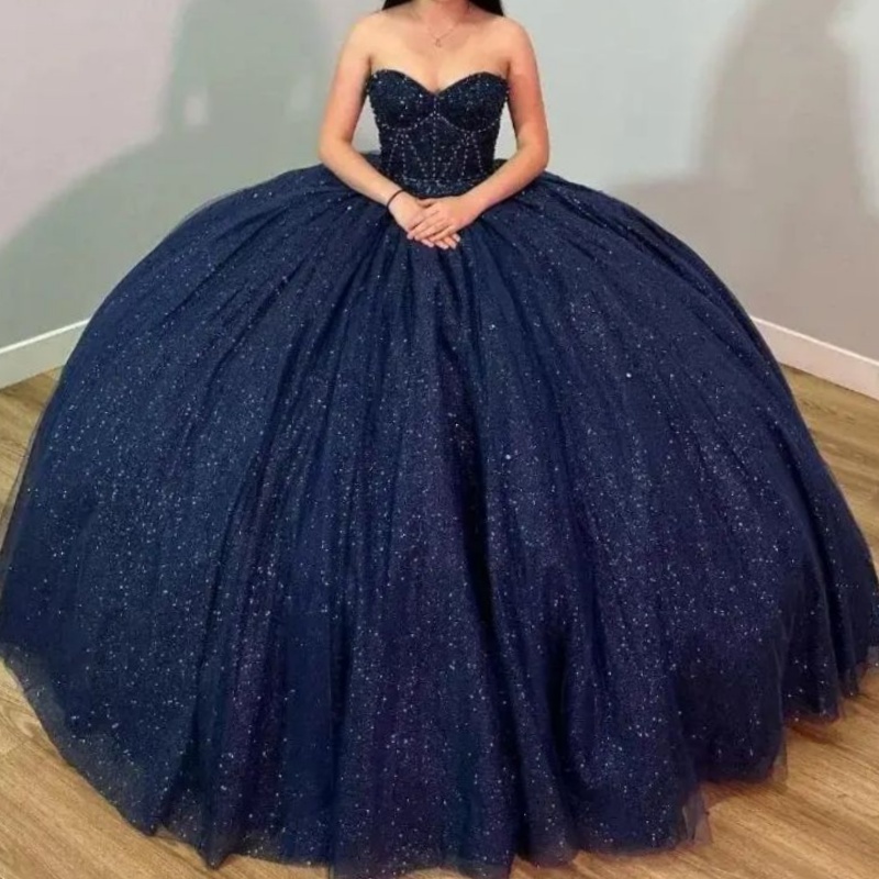 Navy Blue Shiny Quinceanera Dresses Vestidos De 15 Anos Sweetheart Luxury Beading Crystal Tull Party Birthday Princess Sweet 16 Dress