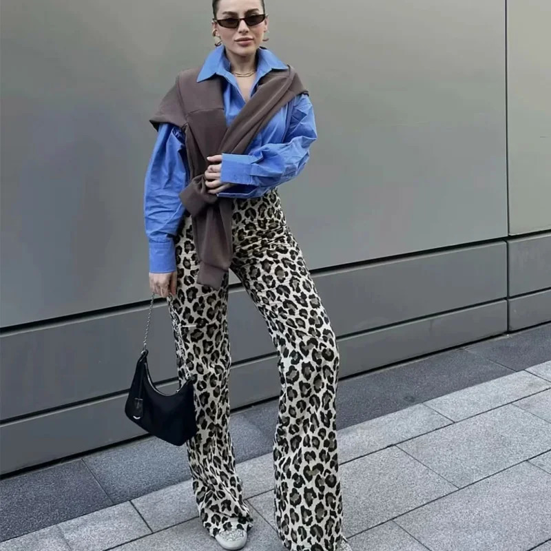 TRAF Womens Trousers Leopard Print Pants For Women Vintage High Waist Baggy Wide Woman Streetwear Straight Long 250310