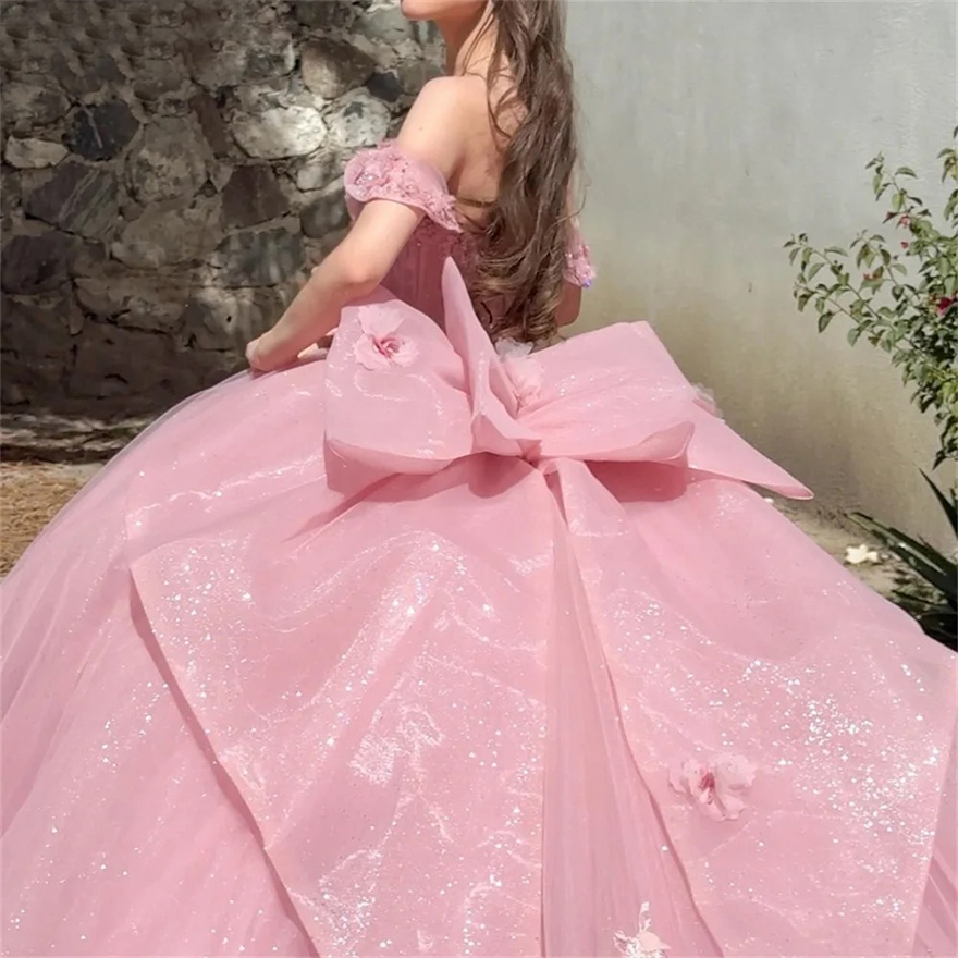 Romantic Sweetheart Pink Shiny Quinceanera Dress Party Gown Princess Lace Appliques Beads Crystal Off The Shoulder For 16 Year