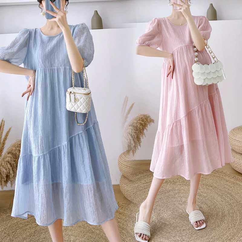 New Maternity Temperament Summer Long Sleeve Pleated Dress Block Color Patchwork Bow Collar Pregnant Woman Chiffon Dress LooseT250311